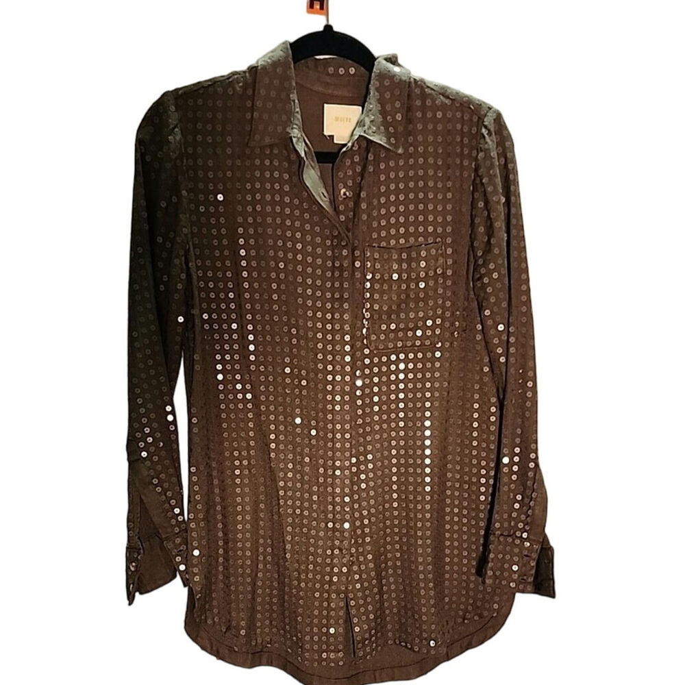 Maeve Anthropologie Womens S Green Sequin Button Down Long Sleeve Shirt Holiday